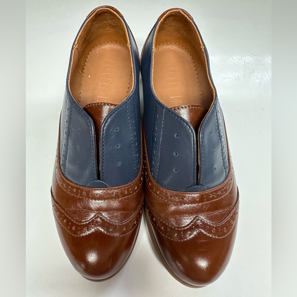 Julia Bo Women’s Brown and Blue Leather Oxford Laceless Shoes Size 36